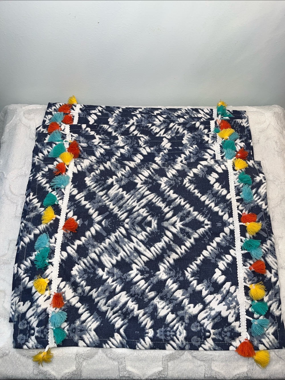 Wild Sage - 6 Placemats Set - Navy Tie-Dye with Pom Pom Fringe Tassel Accents